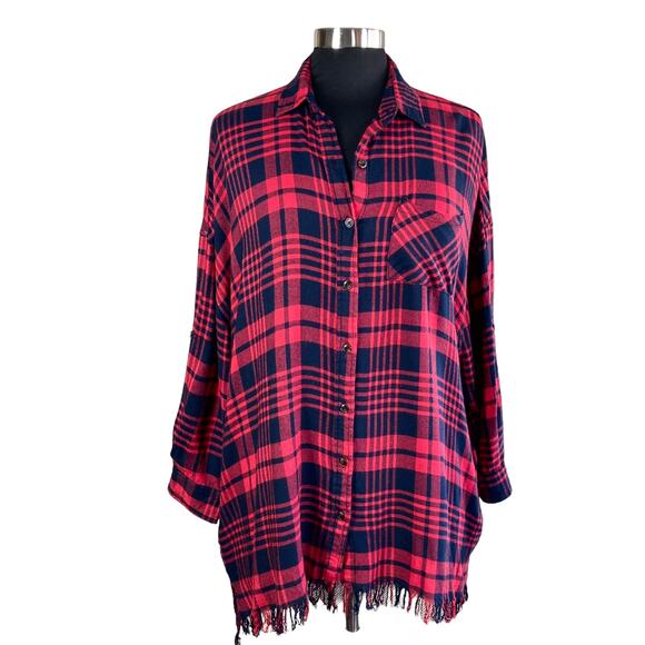 Umgee Red & Black Flannel Shirt Tunic with Fringed Hem Sz MED Oversize Casual - Picture 1 of 9